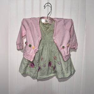 Vintage Pink Cardigan and Green Dress Set